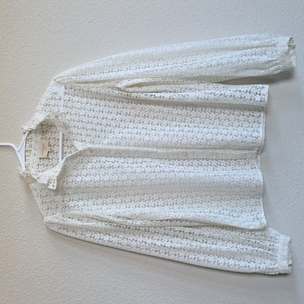Sezane Cathy Ecru Lace Blouse Ruffle Stand Collar Cream Long Sleeve Button Down - Picture 10 of 11